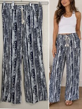 Cali 1850 Linen Blend Aztec Print Wide-Leg Pull-On Pants, Size XL